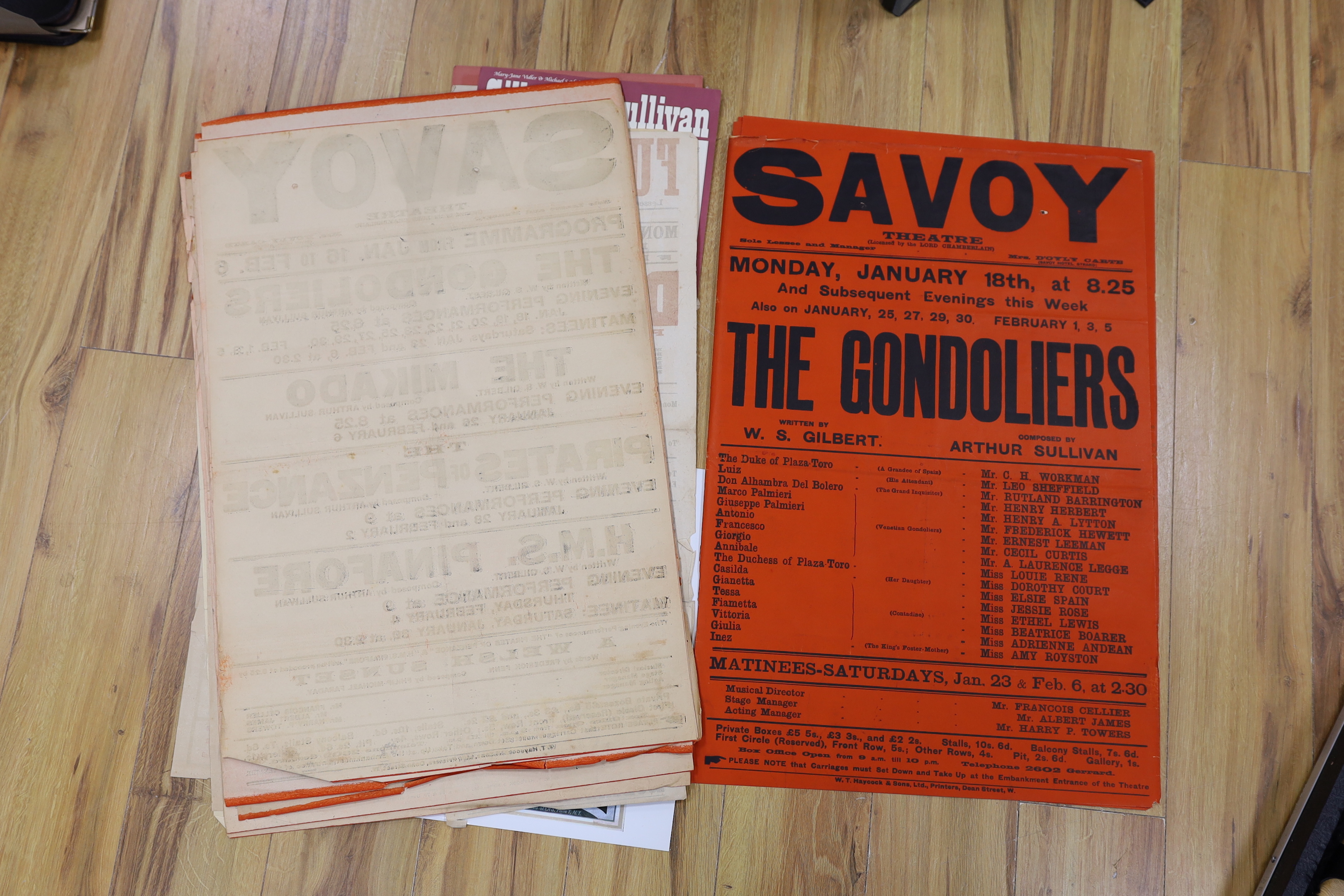 Gilbert & Sullivan and D’Oyly Carte interest; a folder of late 19th century/early 20th century lithograph posters and play bills advertising productions at the Savoy Theatre, King’s Theatre, Broadway Theatre, Fulham Thea